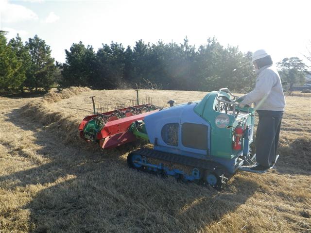 集草機で草を集めています。